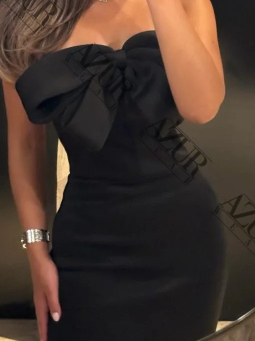 Strapless Black Bow-Front Bodycon Dress